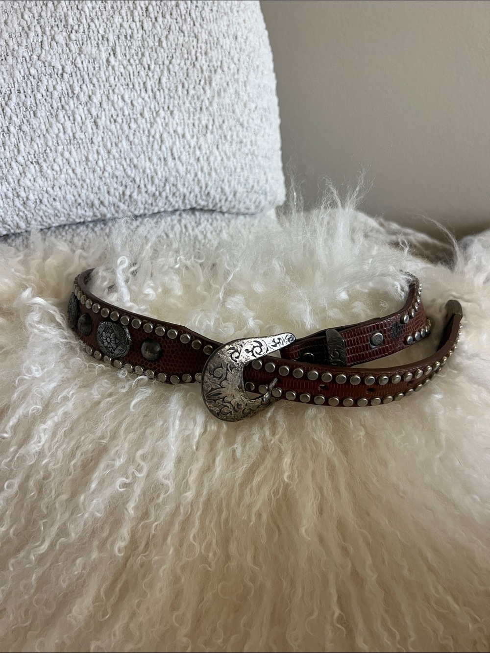 Brown Studded Western Leather Belt with Silver Buckle